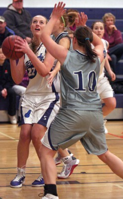 Allyssa-Zoeteman Allyssa Zoeteman of the F.P. Walshe Flyers shoots against Notre Dame Collegiate Timberwolves.