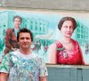 Artist Kris Friesen in front of the ‘Famous Five' mural unveiled recently in Edmonton. Henrietta Muir Edwards of Fort Macleod is at left. Photo by Bruce Edwards, edmontonjournal.com.