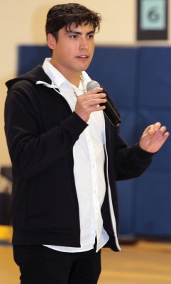 Actor Colin Van Loon speaks at school